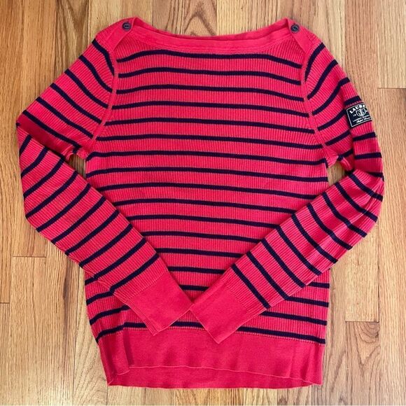 RALPH LAUREN Ribbed Nautical Stripe Boatneck Bateau Long Sleeve Cotton Shirt Top - Picture 12 of 16